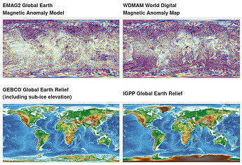 World map grids showing: 1) EMAG2 Global Earth Magnetic Anomaly Model, 2) WDMAM World Digital Magnetic Anomaly Map, 3) GEBCO Global Earth Relief (including sub-ice elevation), 4) IGPP Global Earth Relief