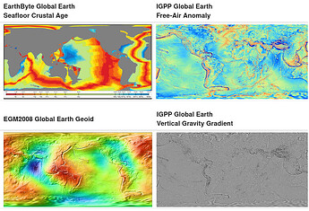 Colourful rainbow grids showing world maps of: 1) Earthbyte Global Earth Seafloor Crustal Age, 2) IGPP Global Earth Free-Air Anomaly, 3) EGM2008 Global Earth Geoid, 4) IGPP Global Earth Vertical Gravity Gradient